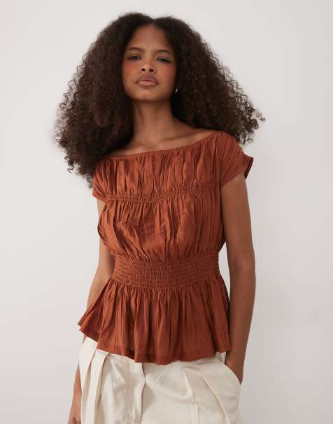 Threadbare shirred cap sleeve top in rust - view 1