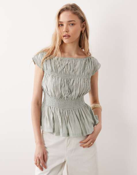 Threadbare shirred cap sleeve top in sage green - view 1