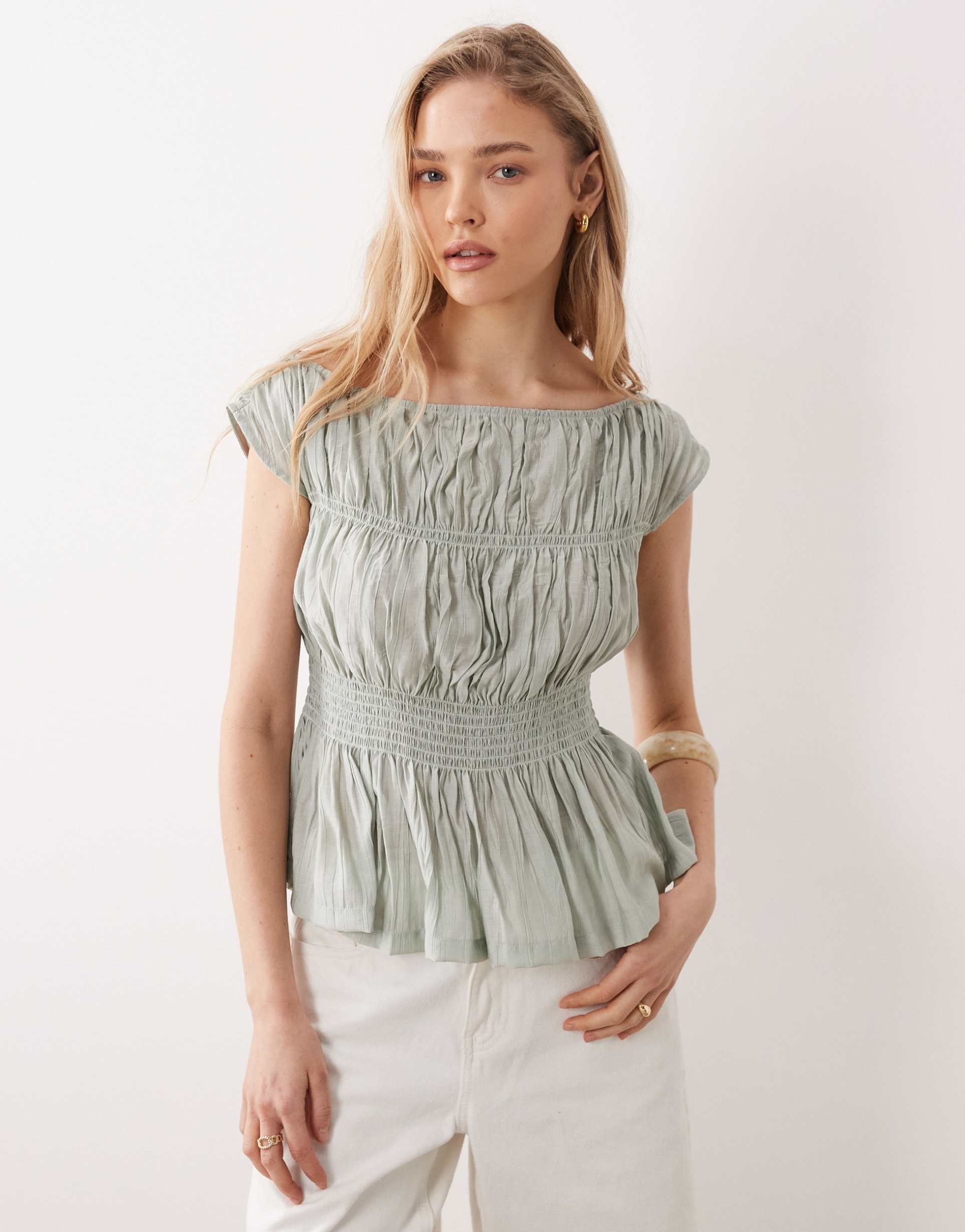 threadbare shirred cap sleeve top in sage green