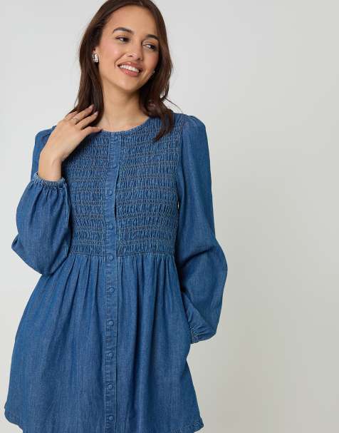 Threadbare Shirred denim button up mini dress in mid blue
