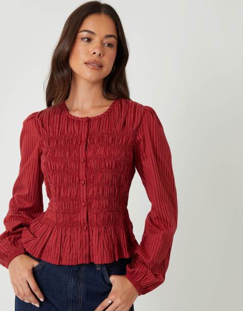 Threadbare Shirred dobby stripe button up blouse in terracotta - view 1