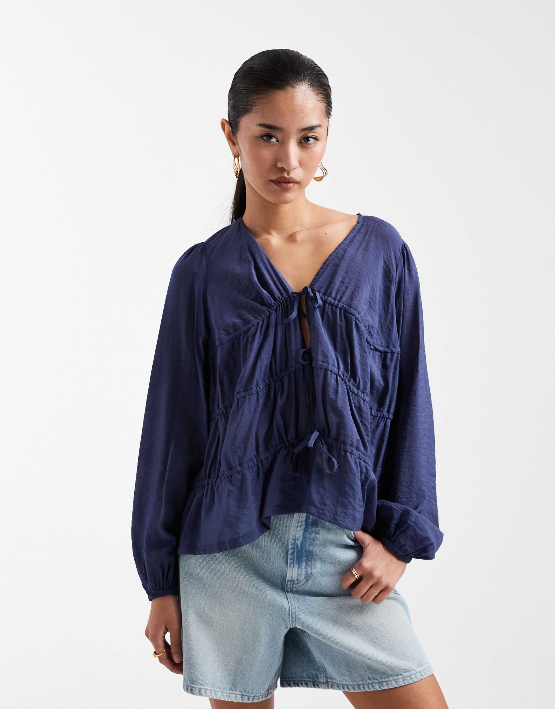 threadbare shirred long sleeve blouse with tie front in blue