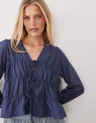 Threadbare Shirred Long Sleeve Blouse With Tie Front In Blue