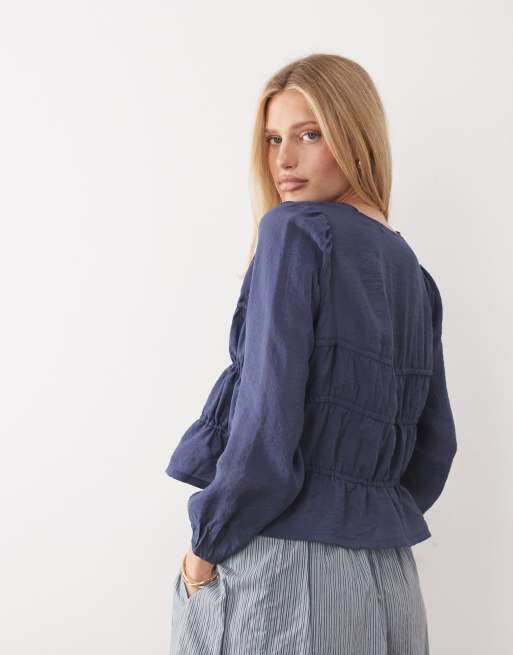 Threadbare shirred long sleeve blouse with tie front in blue, 4 of 4