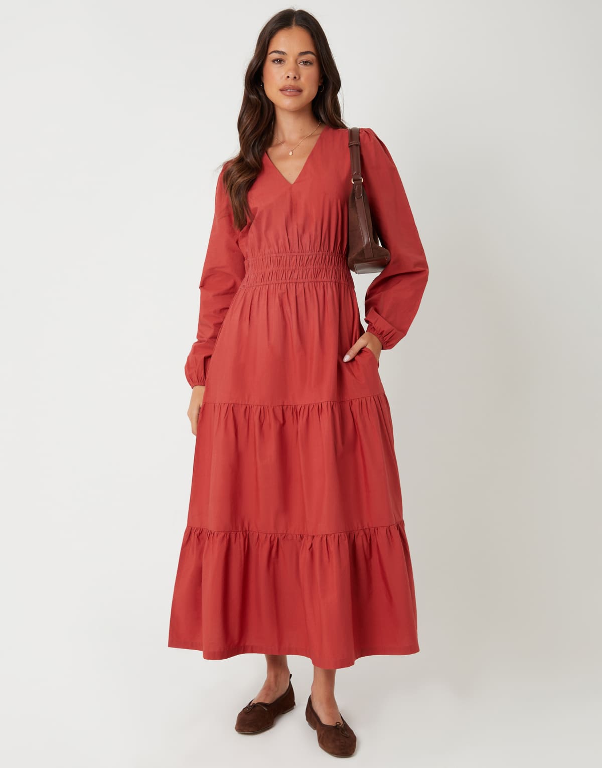 Threadbare Shirred waist long sleeve poplin midaxi dress in terracotta