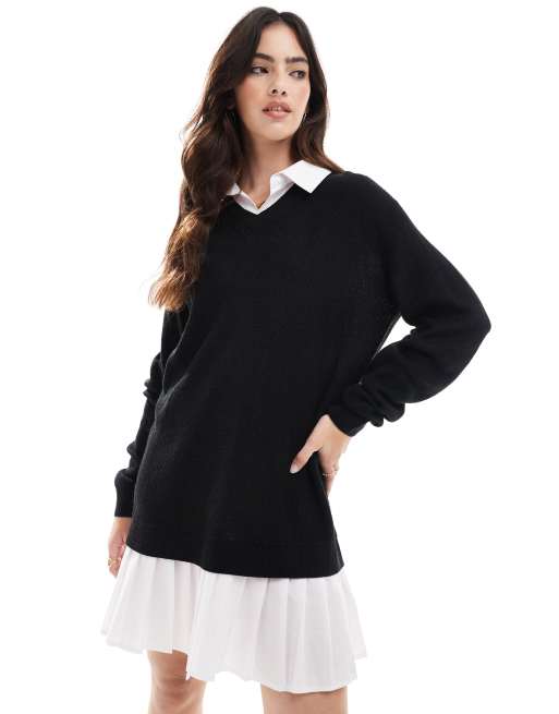 Threadbare shirt detail jumper dress in black and white