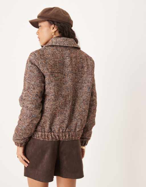 Threadbare short bomber jacket in brown herringbone, 4 of 4