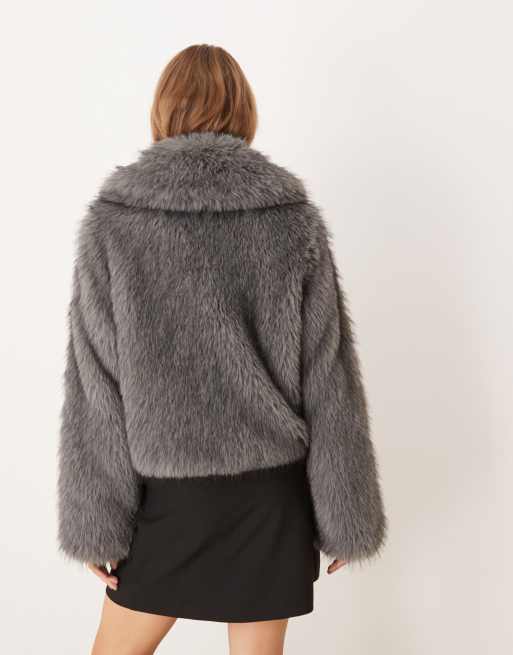 Threadbare short faux fur jacket with collar in grey