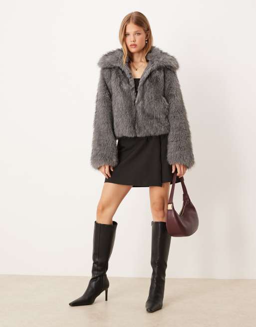 Threadbare short faux fur jacket with collar in grey