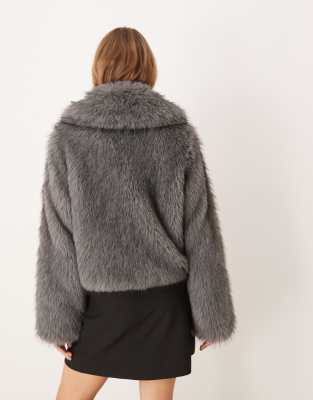 Threadbare Short Fur Jacket With Collar In Gray