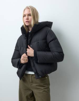 Threadbare short puffer jacket with hood in black