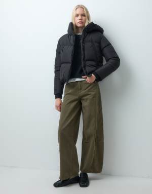 Threadbare short puffer jacket with hood in black