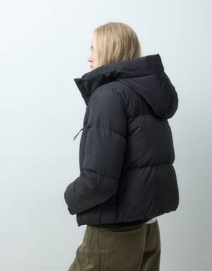 Threadbare short puffer jacket with hood in black