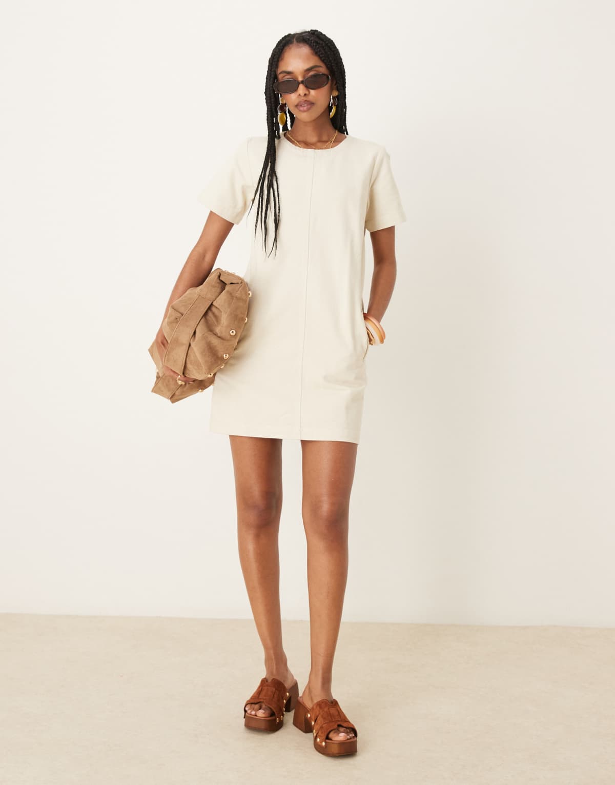 Threadbare Short sleeve braid detail denim mini dress in natural