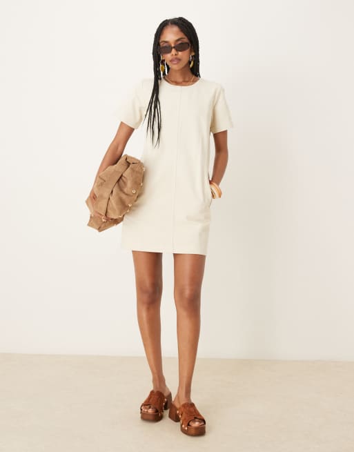 Threadbare Short sleeve braid detail denim mini dress in natural