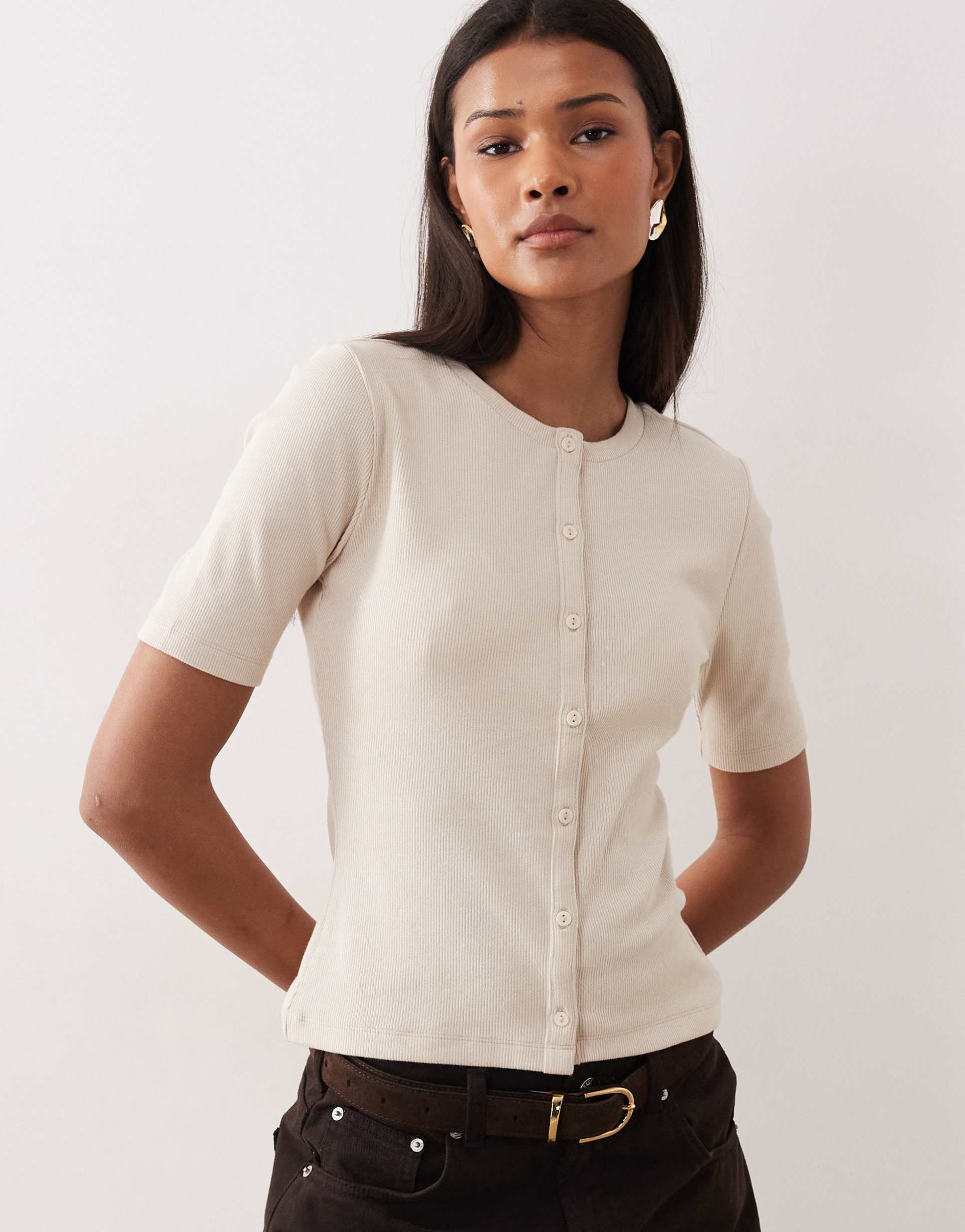 threadbare short sleeve button through top in ecru