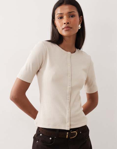 Threadbare short sleeve button through top in ecru