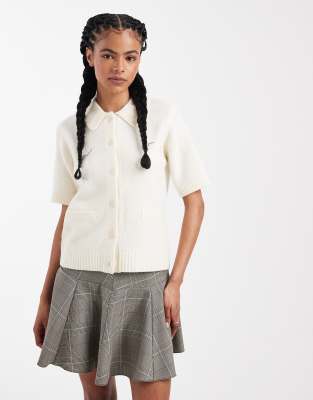 Threadbare Short Sleeve Cardigan With Collar In White