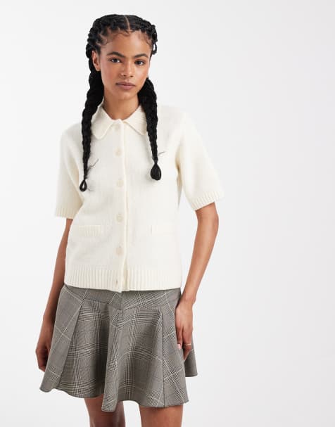 Threadbare short sleeve cardigan with collar in ecru - view 1