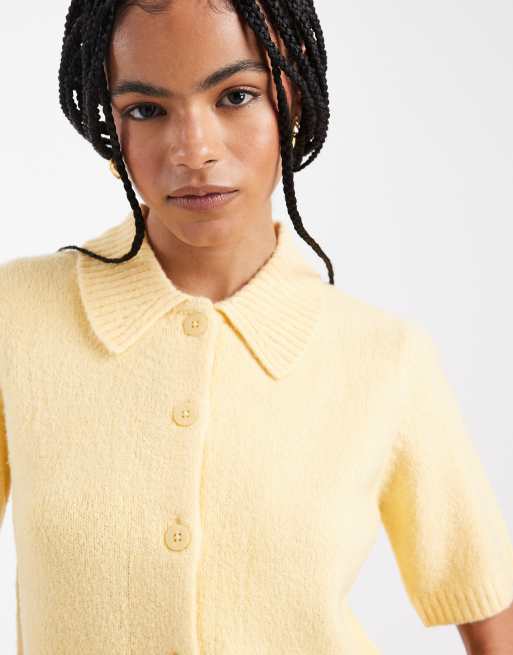 Threadbare short sleeve cardigan with collar in lemon yellow, 3 of 4