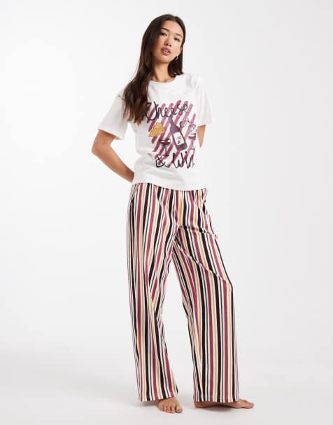Threadbare short sleeve cheese print pajamas with multi stripe pants - view 1