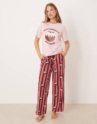 Threadbare Short Sleeve Christmas Pudding Pajamas With Striped Pants In Animal Print