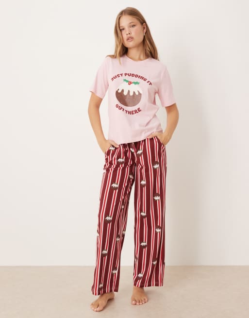 Threadbare short sleeve christmas pudding pyjamas with stripe trouser in pink and red, 2 of 4
