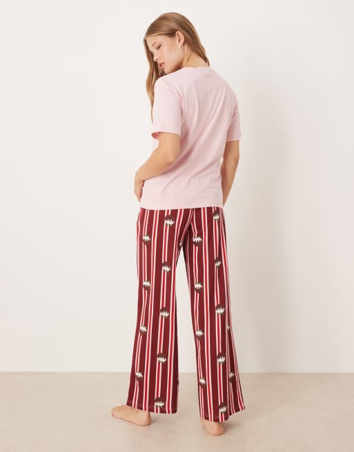 Threadbare short sleeve christmas pudding pyjamas with stripe trouser in pink and red, 3 of 4