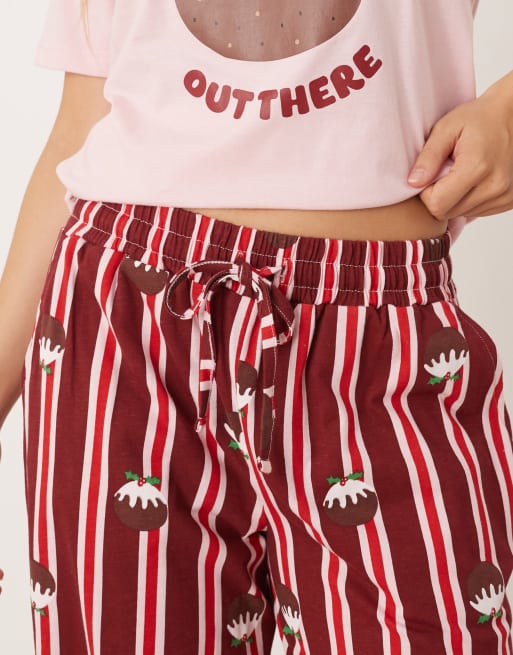 Threadbare short sleeve christmas pudding pyjamas with stripe trouser in pink and red, 4 of 4