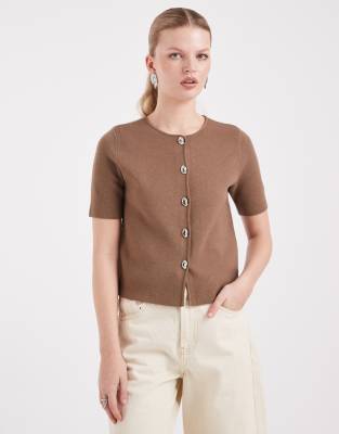 Threadbare Short Sleeve Compact Knit Cardigan With Contrast Buttons In Brown