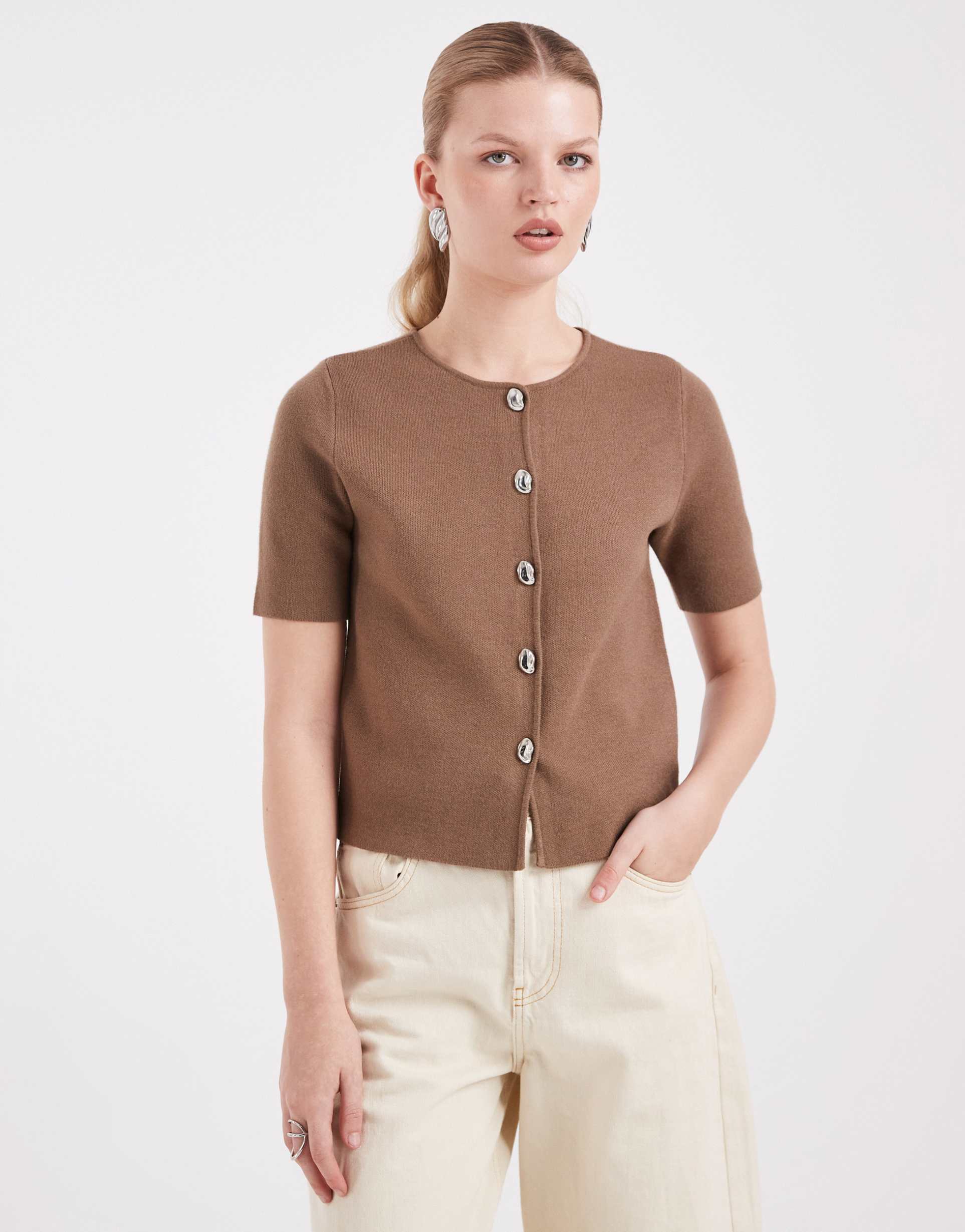 threadbare short sleeve compact knit cardigan with contrast buttons in mocha