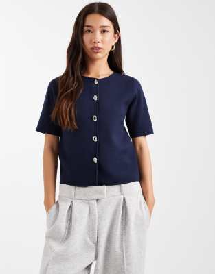 Threadbare Short Sleeve Compact Knit Cardigan With Contrast Buttons In Blue