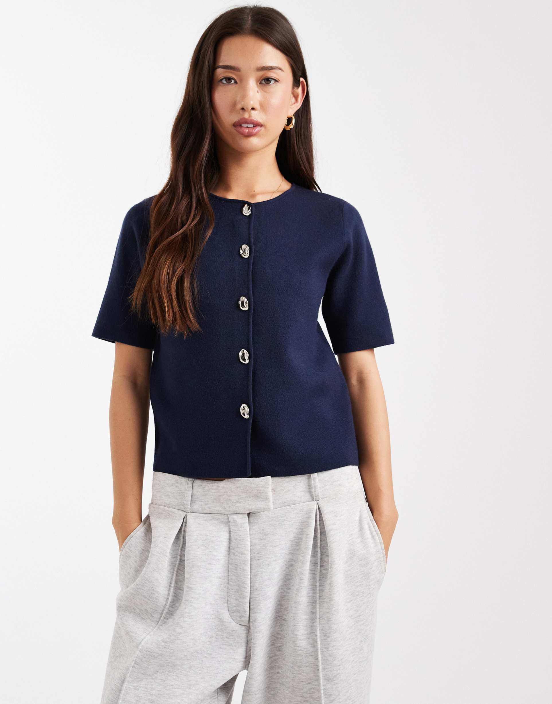 threadbare short sleeve compact knit cardigan with contrast buttons in navy