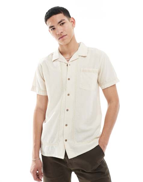 Threadbare short sleeve cotton shirt in stone with ladder border detail - view 1