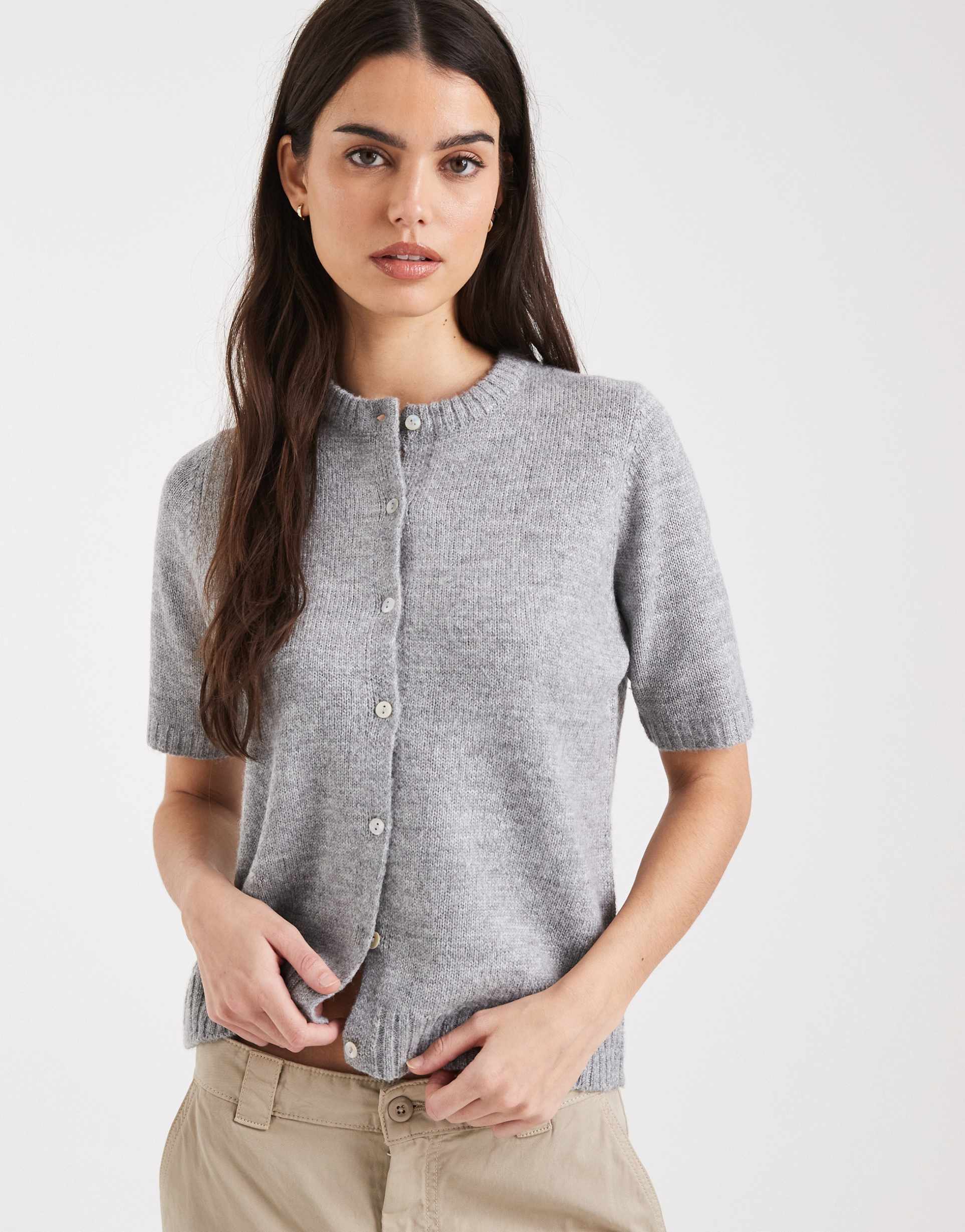 threadbare short sleeve crew neck cardigan in gray