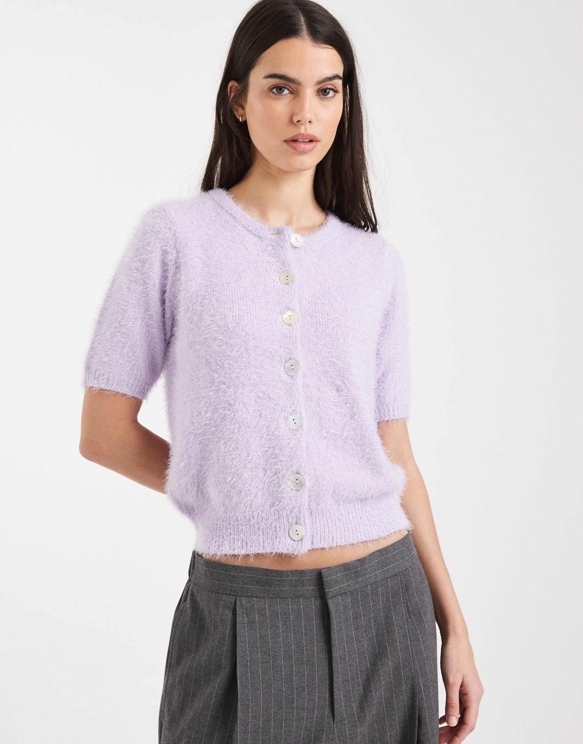 threadbare short sleeve crew neck cardigan in lilac