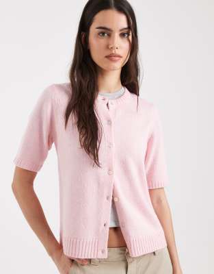 Threadbare Short Sleeve Crew Neck Cardigan In Pink