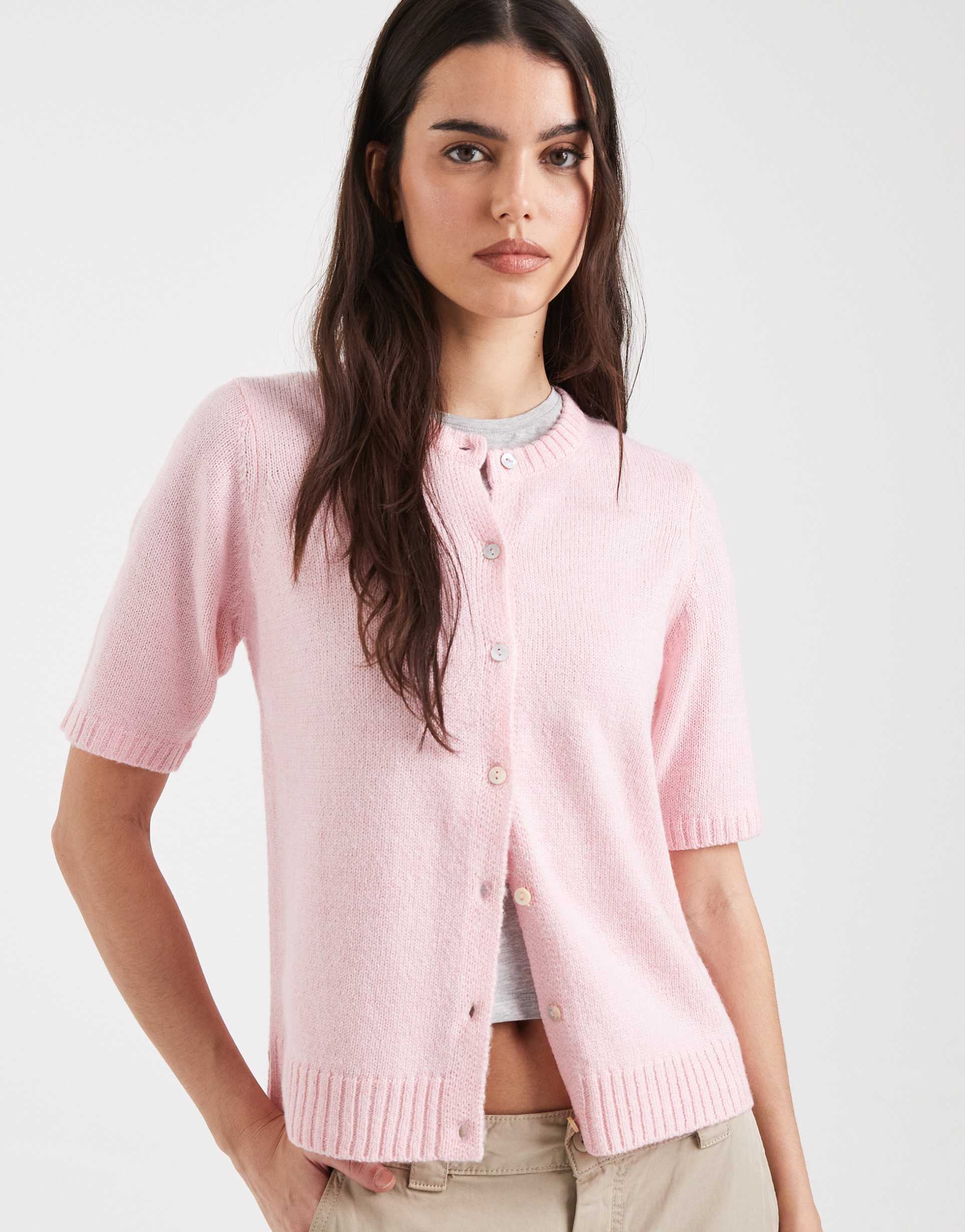 threadbare short sleeve crew neck cardigan in pale pink