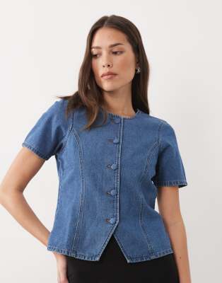 Threadbare Short Sleeve Denim Button Up Top In Blue