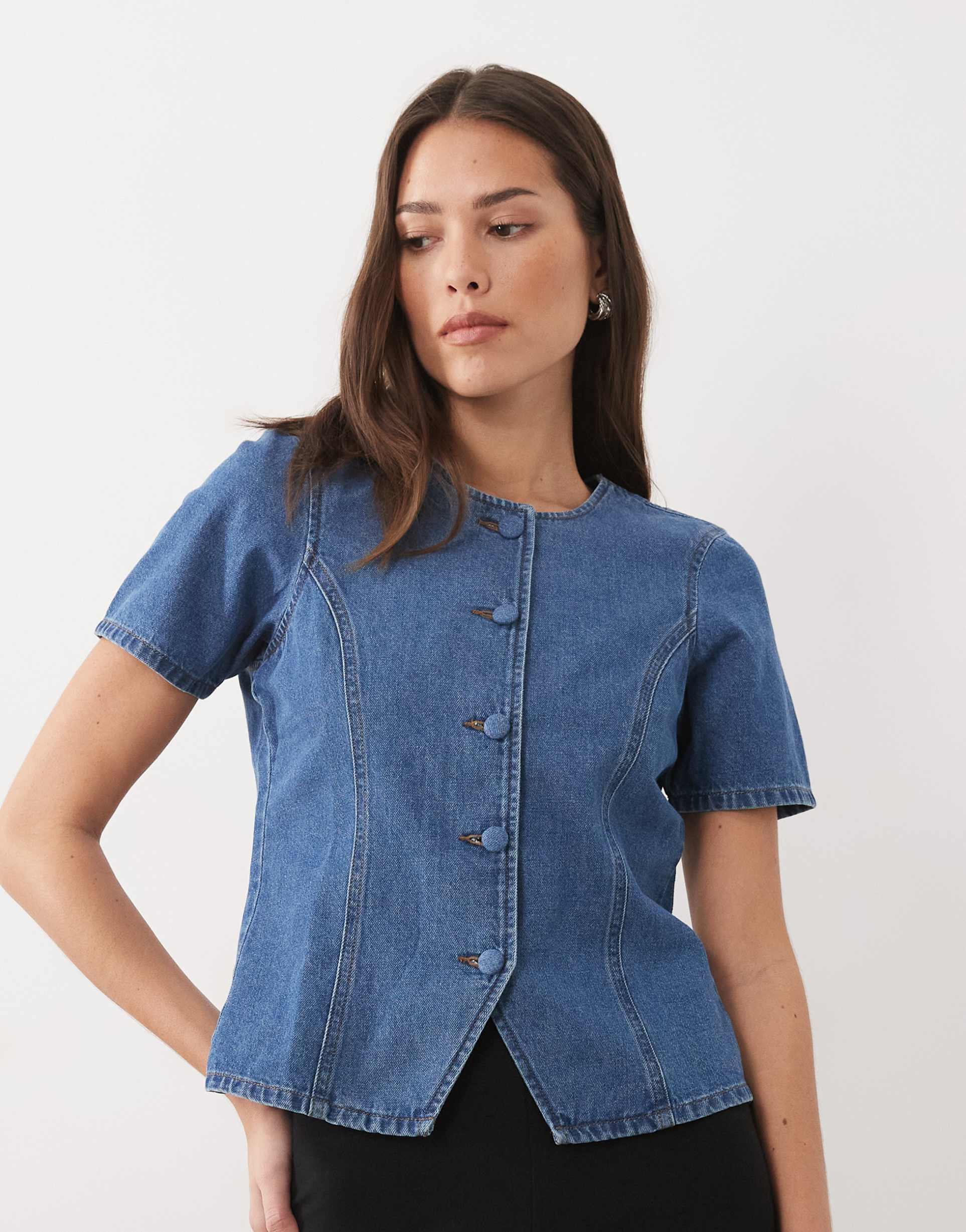threadbare short sleeve denim button up top in mid wash blue