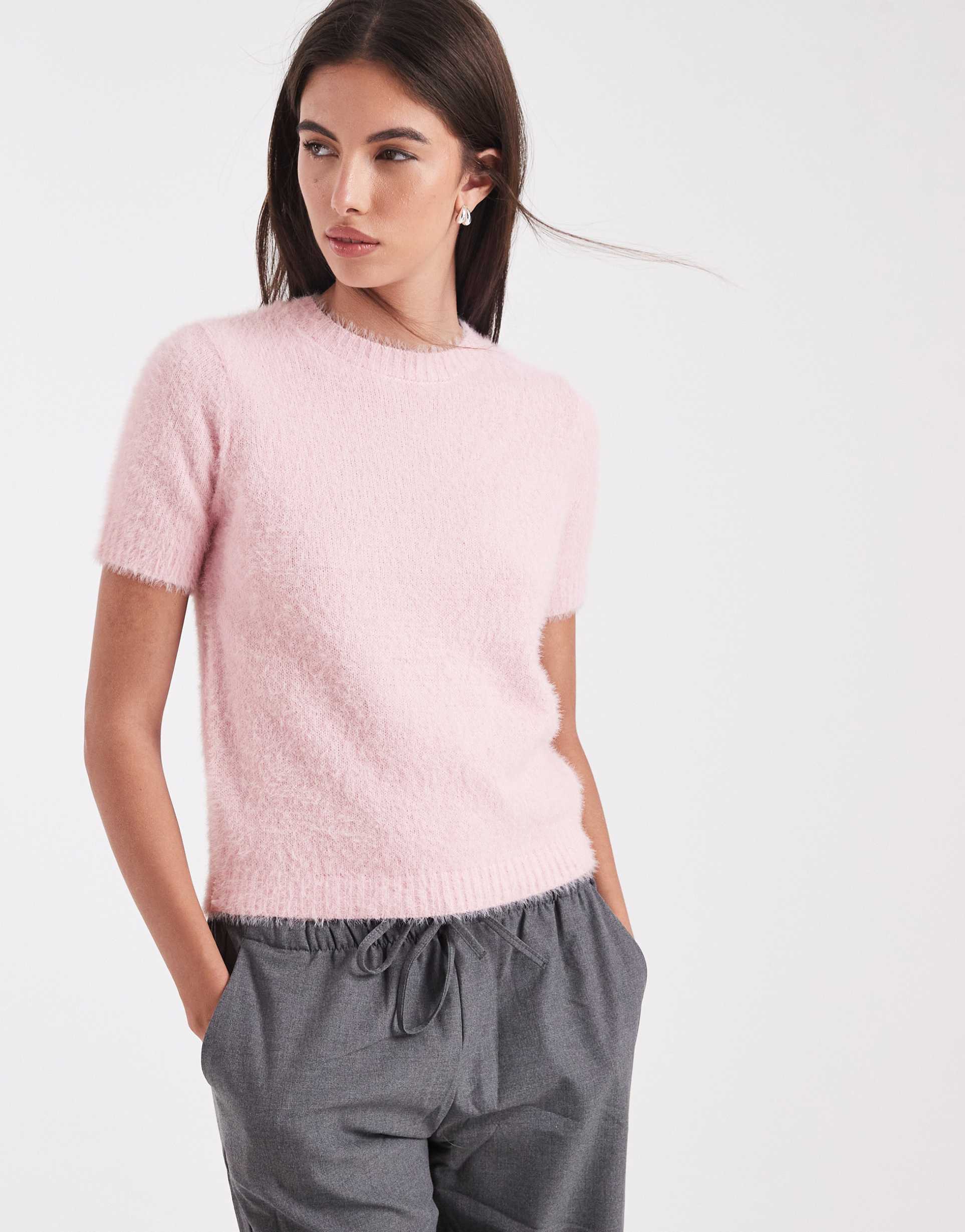 threadbare short sleeve fluffy knit top in pink