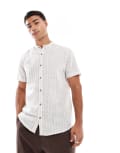 [Threadbare] Threadbare short sleeve grandad collar shirt in stone and ecru stripe-Neutral S STONE