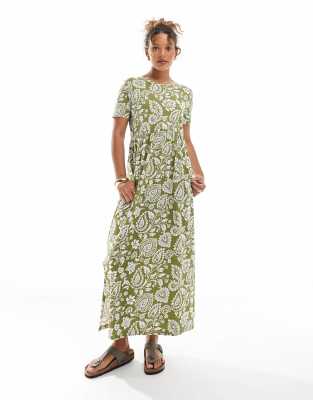 [Threadbare] Threadbare short sleeve jersey midi dress with drop waist in khaki paisley print-Multi 10 GREEN