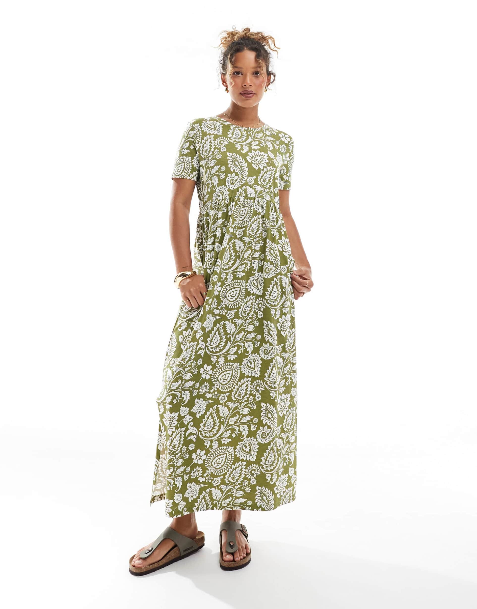 threadbare short sleeve jersey midi dress with drop waist in khaki paisley print