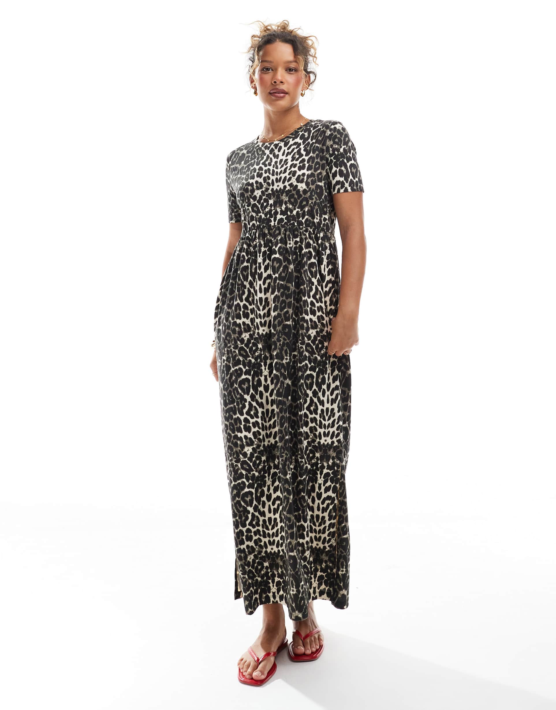 threadbare short sleeve jersey midi dress with drop waist in leopard print