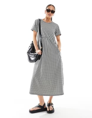 short sleeve jersey midi dress with pockets in black and white gingham-Multi