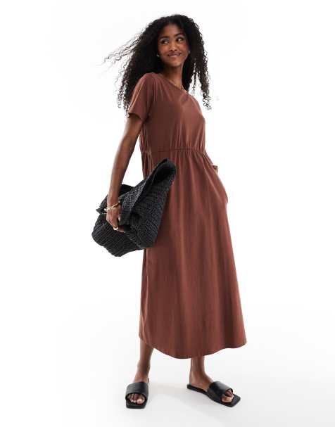 Threadbare short sleeve jersey midi dress with pockets in brown - view 1