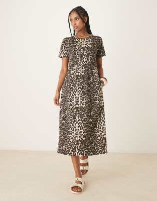 short sleeve jersey midi dress with pockets in leopard print-Multi