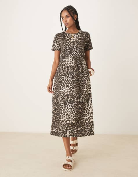 Threadbare short sleeve jersey midi dress with pockets in leopard print - view 1