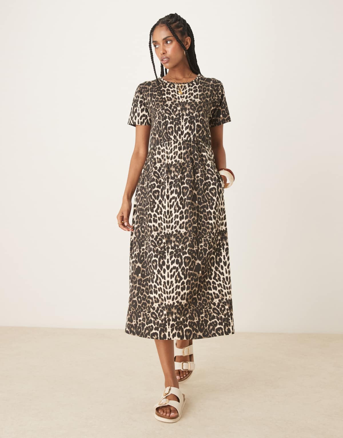 Threadbare short sleeve jersey midi dress with pockets in leopard print